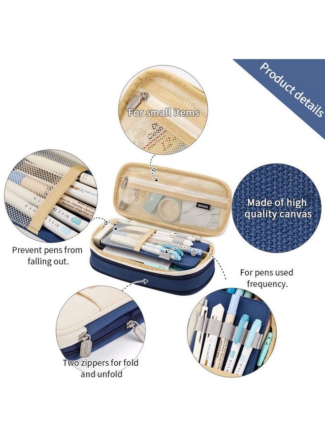EASTHILL EASTHILL Canvas Big Capacity Pencil Pen Case Office College School Large Storage High Capacity Bag Pouch Holder Box Organizer (Blue)  - Image 3