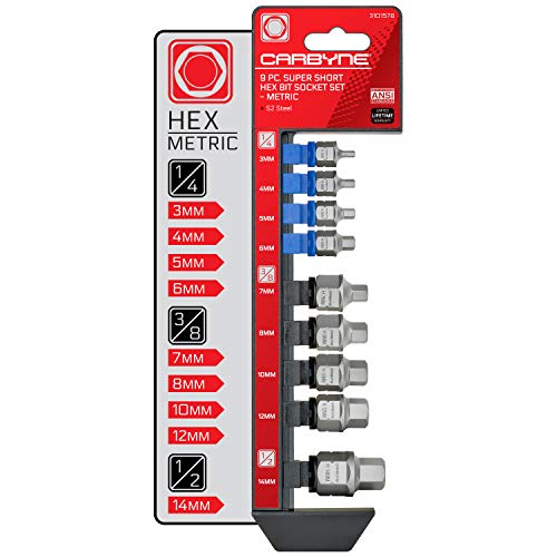 CARBYNE 9-Piece Stubby Low Profile Hex Bit Socket Set Metric, S2 Steel, 3mm to 14mm Super Short Allen Sockets with Dual Drive Internal Square and External Hex for Tight Confined Spaces - Image 1