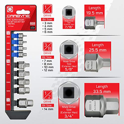 CARBYNE 9-Piece Stubby Low Profile Hex Bit Socket Set Metric, S2 Steel, 3mm to 14mm Super Short Allen Sockets with Dual Drive Internal Square and External Hex for Tight Confined Spaces - Image 2