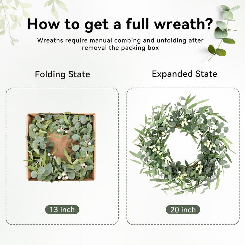 Pinkpum 20'' Eucalyptus Wreath for Front Door Porch Window Green Decor for Home Farmhouse Wall Spring Summer Fall Outdoor Indoor All Seasons - Image 2
