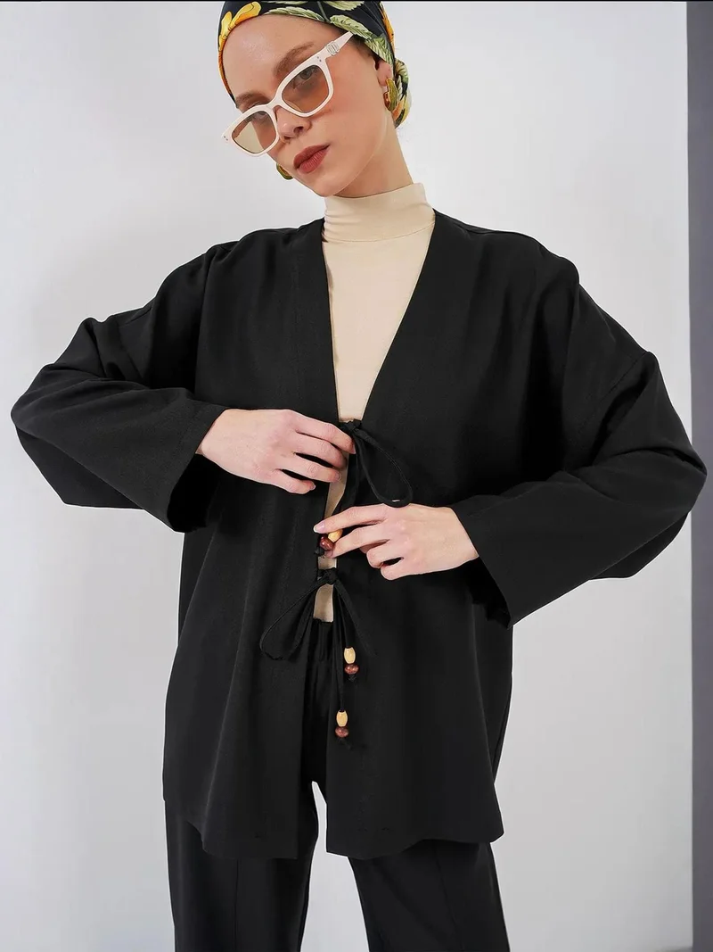 بيغ دارت طقم كارديجان برباط كتان وسروال واسع الساق بتفاصيل مضلعة