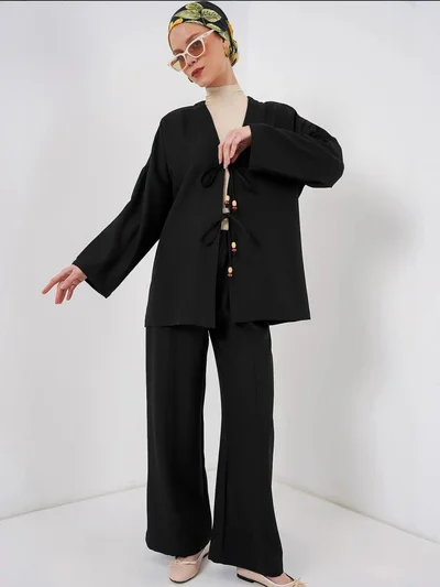 BIG DART BDART Linen Blend Binding Detailed Cardigan and Rib Detail Wide Leg Pants Set