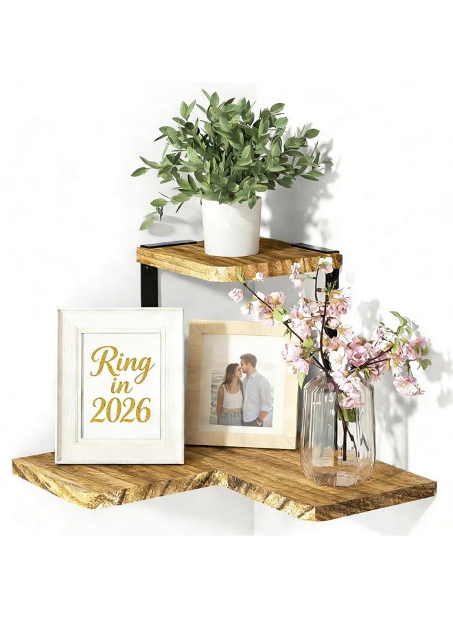 SRIWATANA Corner Shelf, 2 Tier Floating Shelves Wall Mounted, Rustic Wood Wall Shelves for Bedroom, Living Room, Bathroom, Kitchen, Office and More - Image 1