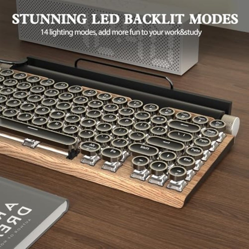 Retro typewriter keyboard for office and gaming, wood material, black color, wireless mechanical with blue switches and 14-mode LED backlight - Image 5