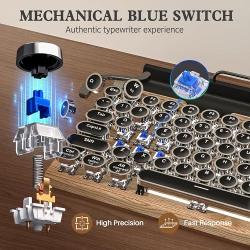 Retro typewriter keyboard for office and gaming, wood material, black color, wireless mechanical with blue switches and 14-mode LED backlight - Image 3