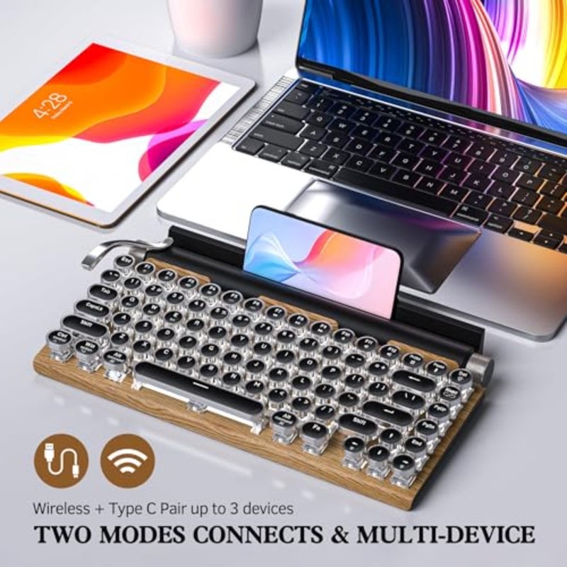 Retro typewriter keyboard for office and gaming, wood material, black color, wireless mechanical with blue switches and 14-mode LED backlight - Image 2