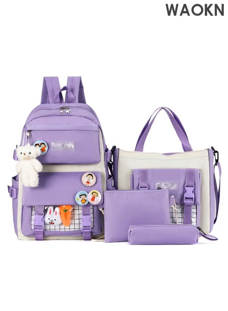 WAOKN 4-in-1 School Bags Set for Kids Includes School Backpack, Lunch Bag and Messenger Bag,stationery backpack, Lightweight Waterproof Oxford cloth Versatile Backpack -（Purple） - Image 1