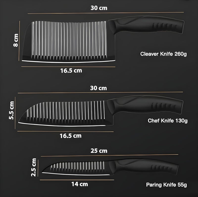 zunsy طقم سكاكين مطبخ زونسي غير لاصق 3 قطع بتصميم موجي مع طلاء أسود لقطع الخضار واللحوم بشفرة حادة جداً - Image 2