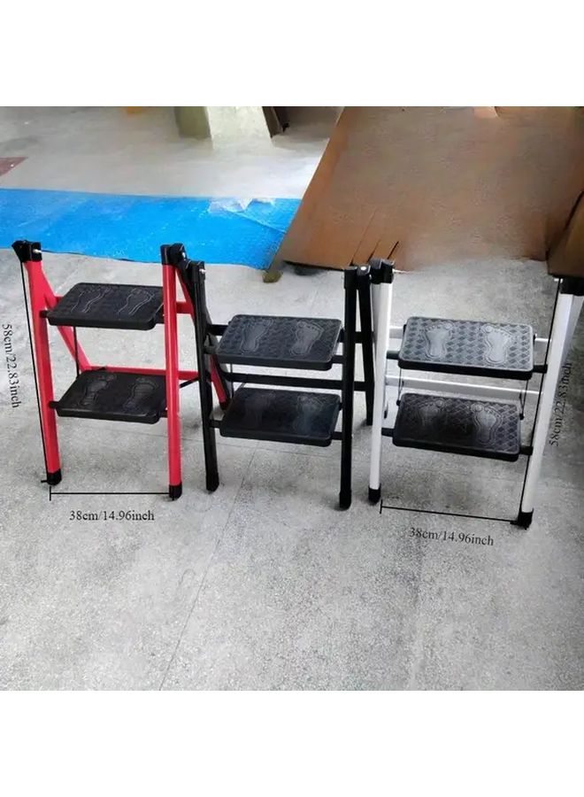 Red Two Step Folding Ladder With Wide Platform Metal Indoor Use Flower Arrangements - Image 3