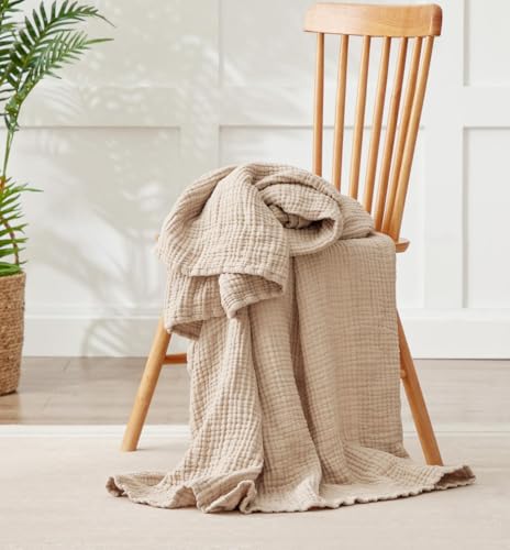 Kozyhvn 6 Layers Cotton Muslin Blankets Large Lightweight Cotton Throw Cooling Soft Throw Blanket for YearRound Comfort Breathable Quilt Bedspread Gauze Weave Bedding for Adults Oatmeal Beige Linen - Image 1