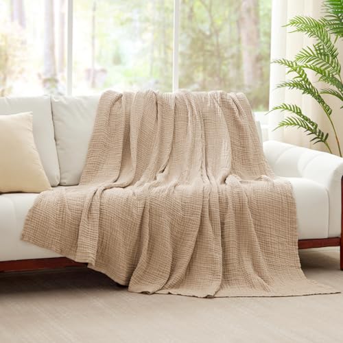 Kozyhvn 6 Layers Cotton Muslin Blankets Large Lightweight Cotton Throw Cooling Soft Throw Blanket for YearRound Comfort Breathable Quilt Bedspread Gauze Weave Bedding for Adults Oatmeal Beige Linen - Image 3