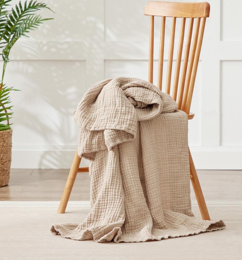 Kozyhvn 6 Layers Cotton Muslin Blankets Large Lightweight Cotton Throw Cooling Soft Throw Blanket for YearRound Comfort Breathable Quilt Bedspread Gauze Weave Bedding for Adults Oatmeal Beige Linen - Image 2