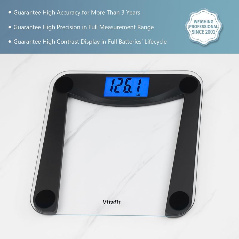 Vitafit Digital Bathroom Weight Scale for Body Weight, High Accuracy Assured by Weighing Professional Since 2001,Extra Large Blue Backlit LCD and Step-On, 400lb/182kg, Superb Black - Image 2