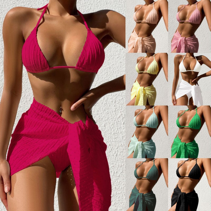 Swimwear Backless Solid Color Bikini Mesh Short Skirt Bikini Three-Piece Set - Image 2