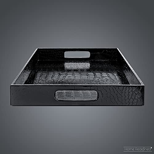 Home Redefined Black Leather Serving Tray with Handles, Glossy Faux Crocodile Print, 17.5x12 Food Drinks Tray for Coffee Table, Breakfast, Dinner & Bar, Decorative Storage Tray for Ottoman, Kitchen, Bedroom, Gift. - Image 5