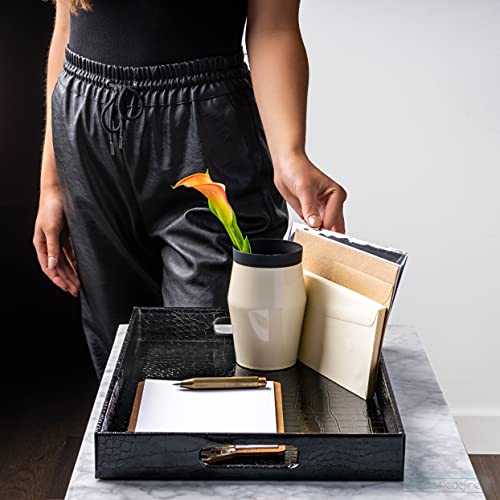 Home Redefined Black Leather Serving Tray with Handles, Glossy Faux Crocodile Print, 17.5x12 Food Drinks Tray for Coffee Table, Breakfast, Dinner & Bar, Decorative Storage Tray for Ottoman, Kitchen, Bedroom, Gift. - Image 3