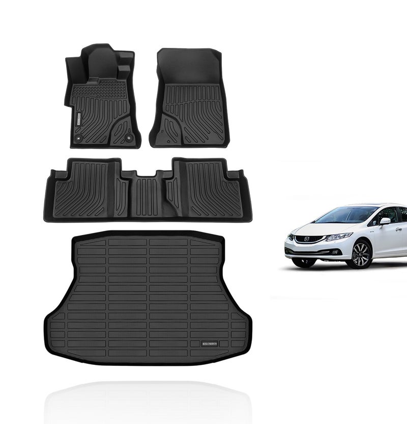 KELCSEECS All Weather Floor Mats Cargo Liner Set for 2015 2014 2013 2012 Civic Civic Si Only Sedan Not Coupe Car Mats Cargo Mat Floor Liners Trunk Mat Civic Trunk Liner