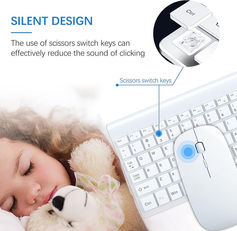 TopMate Wireless Keyboard and Mouse Ultra Slim Combo, 2.4G Silent Compact USB 2400DPI Mouse and Scissor Switch Keyboard Set with Cover, Batteries Included, for PC/Laptop/Windows/Mac - White - Image 2