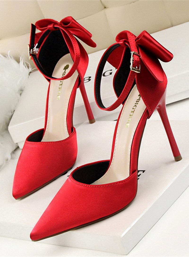 BIGTREE 10CM Elegant High Heels Satin Hollow Shallow Mouth Pointed Line With Hollow Bow Bow Women's Shoes Red - Image 1