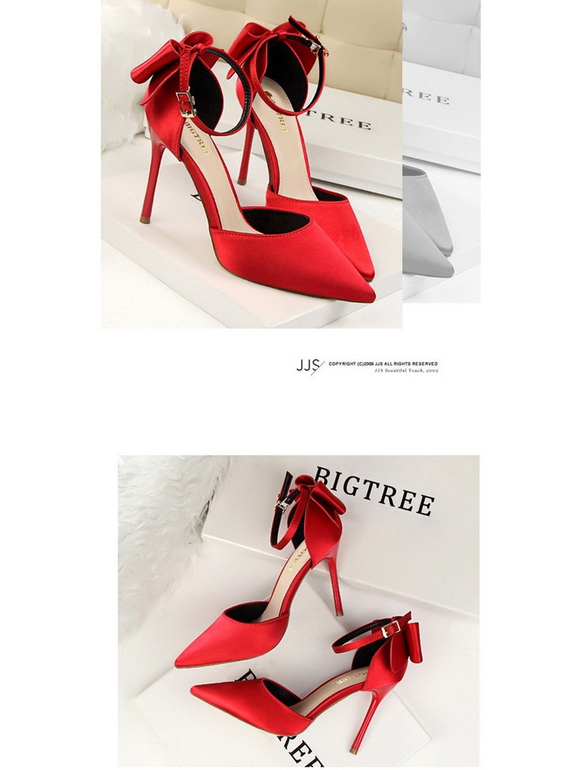 BIGTREE 10CM Elegant High Heels Satin Hollow Shallow Mouth Pointed Line With Hollow Bow Bow Women's Shoes Red - Image 2