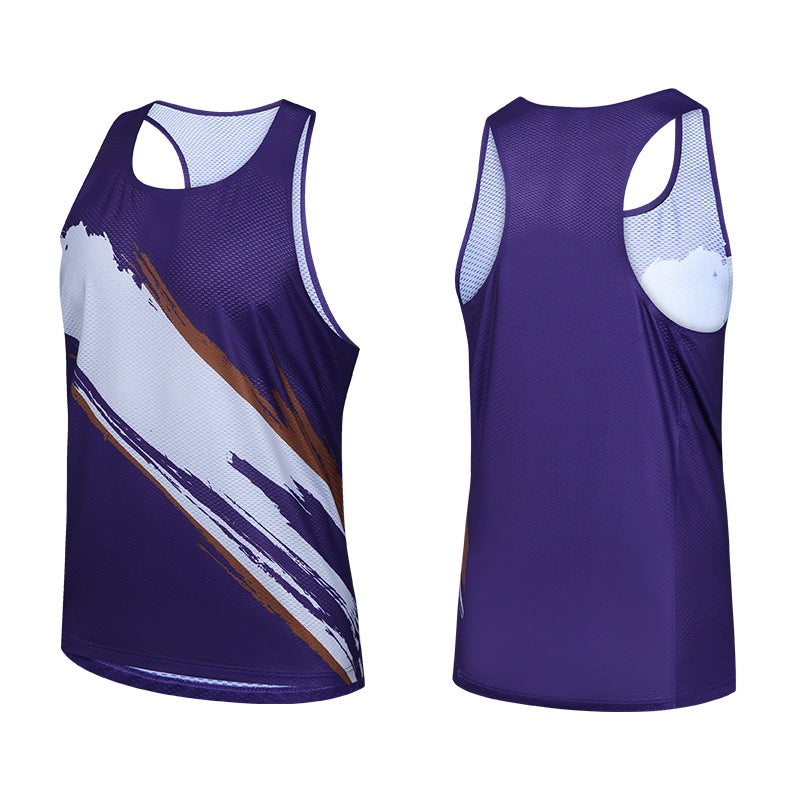 Seamless Quick-drying Sports Vest Mens and Womens Mesh Jacquard Fabric Lightweight Breathable Sweat Absorbing Fitness Running Racing Training Splash Ink Purple-Men's