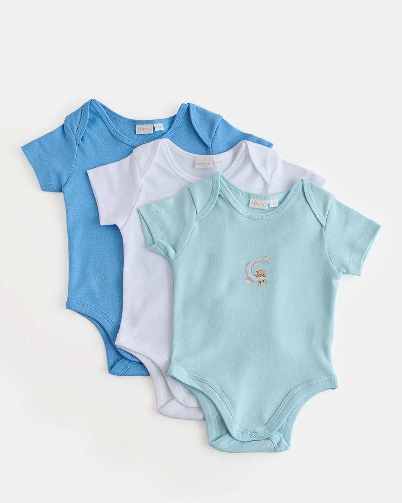 Redtag Baby Blue 3 Pack Short Sleeve Bodysuits
