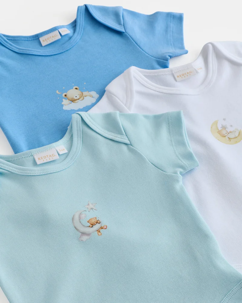 Redtag Baby Blue 3 Pack Short Sleeve Bodysuits