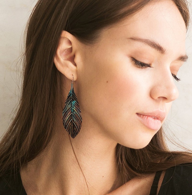 SPUNKYsoul leaf earrings women gold feather dangling southwestern leave earring paisley copper earthy soul boho style earth handmade unique artistic vintage jewelry dangle bronze rose antique trendy earings hanging silver nature bohemian circle artisanal artsy - Image 2