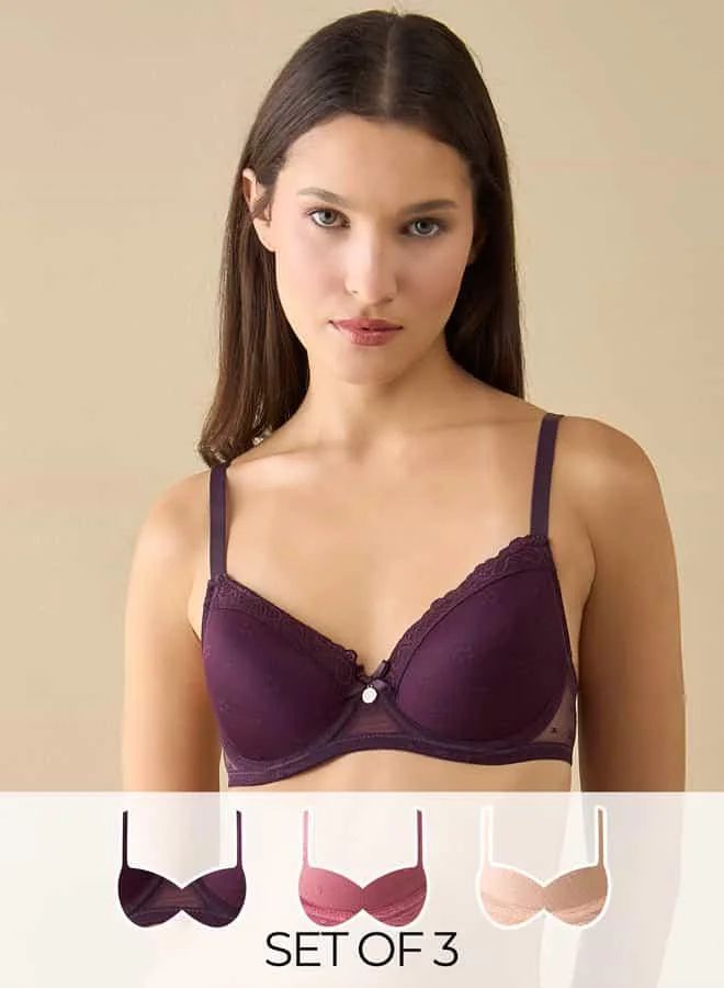 Splash FAV Set of 3 - Floral Textured Demi Bra with Lace Detail
