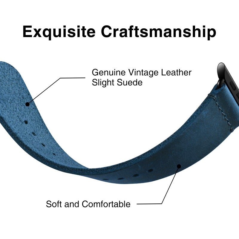 SUNFWR Vintage Leather Bands Compatible with Apple Watch Band 38mm 40mm 41mm 42mm-Series 10,Genuine Leather Retro Strap for Men Women iWatch SE Series 9/8/7/6/5/4/3/2/1,Army Blue/Black - Image 3