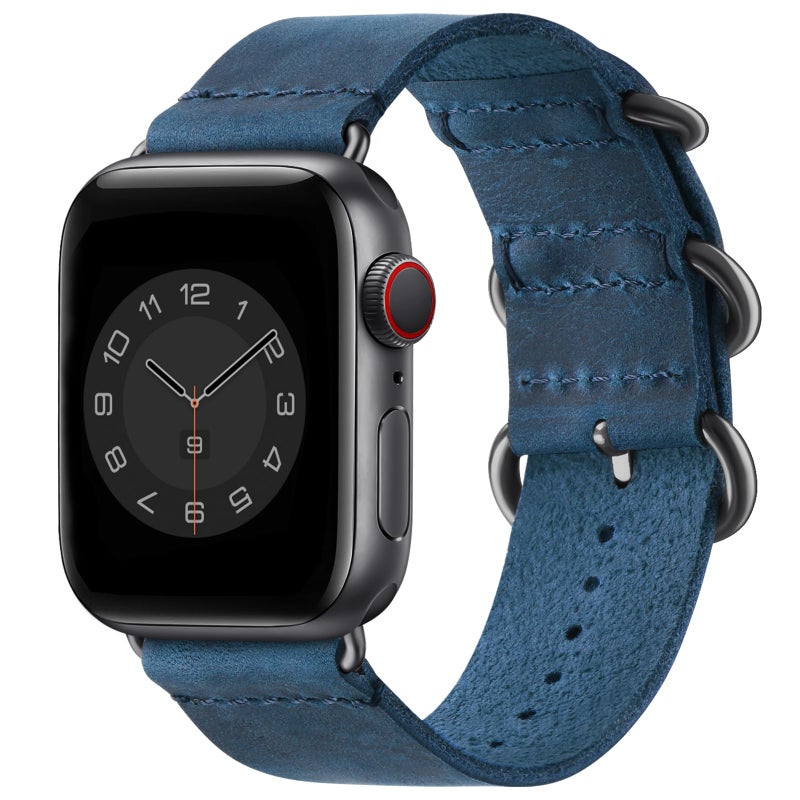 SUNFWR Vintage Leather Bands Compatible with Apple Watch Band 38mm 40mm 41mm 42mm-Series 10,Genuine Leather Retro Strap for Men Women iWatch SE Series 9/8/7/6/5/4/3/2/1,Army Blue/Black - Image 1