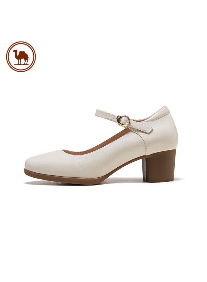 CAMELJEANS Camel Brand Women's Shoes Cowhide Soft Thick-heeled Casual Single Shoes Fashion Mary Jane Shoes P23a155036 Beige 35 - Image 4