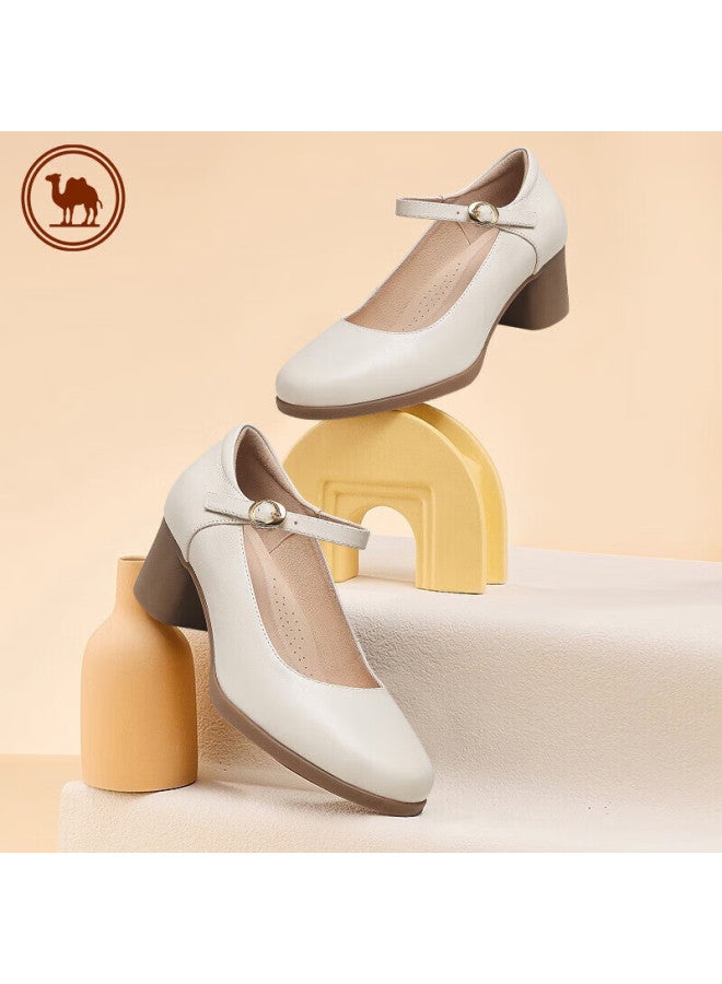 CAMELJEANS Camel Brand Women's Shoes Cowhide Soft Thick-heeled Casual Single Shoes Fashion Mary Jane Shoes P23a155036 Beige 35 - Image 1