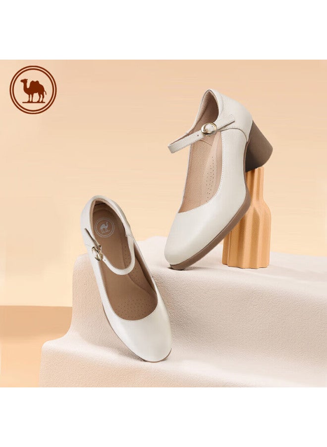 CAMELJEANS Camel Brand Women's Shoes Cowhide Soft Thick-heeled Casual Single Shoes Fashion Mary Jane Shoes P23a155036 Beige 35 - Image 2