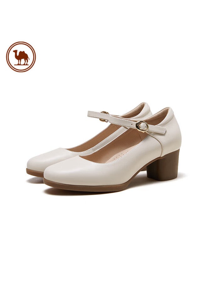 CAMELJEANS Camel Brand Women's Shoes Cowhide Soft Thick-heeled Casual Single Shoes Fashion Mary Jane Shoes P23a155036 Beige 35 - Image 3