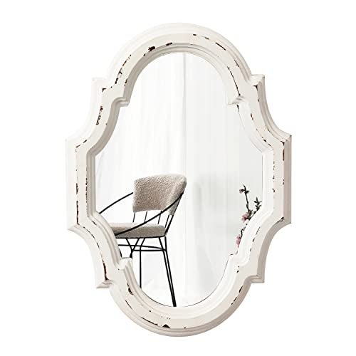 Sintosin Small Vintage Oval Mirrors for Wall Decor 11 inch Hanging Farmhouse Wood Entryway Mirror Distressed White Rustic Scalloped Mirror Ornate Accent Sculpted Mirrors for Living Room
