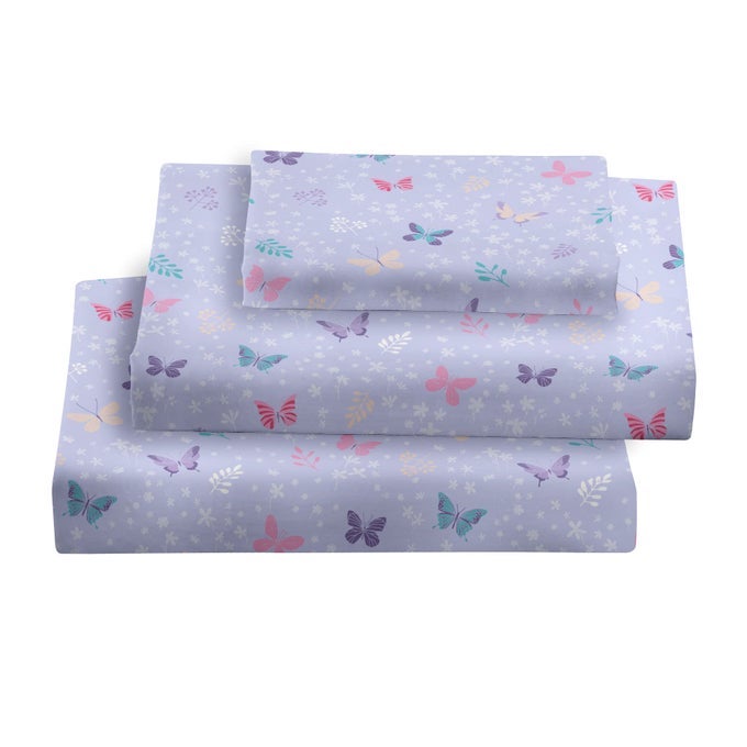 3 PIECES GIRLS LIGHT PURPLE TWIN SHEET SET SOFT MICROFIBER FITTED FLAT SHEETS PILLOWCASE BUTTERFLY FLORAL PRINTED BEDDING SETS FOR KIDS TODDLERS