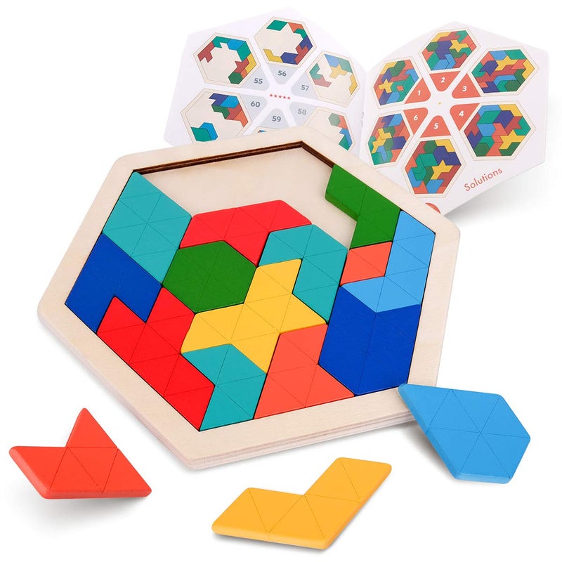 Vanmor Wooden Hexagon Tangram Puzzle for Kids Adults, Geometric Shape Pattern Blocks, 3D Logic IQ Game, 60 Brain Teaser Challenges, STEM Montessori Educational Toy, Travel Games for Road Trip - Image 1