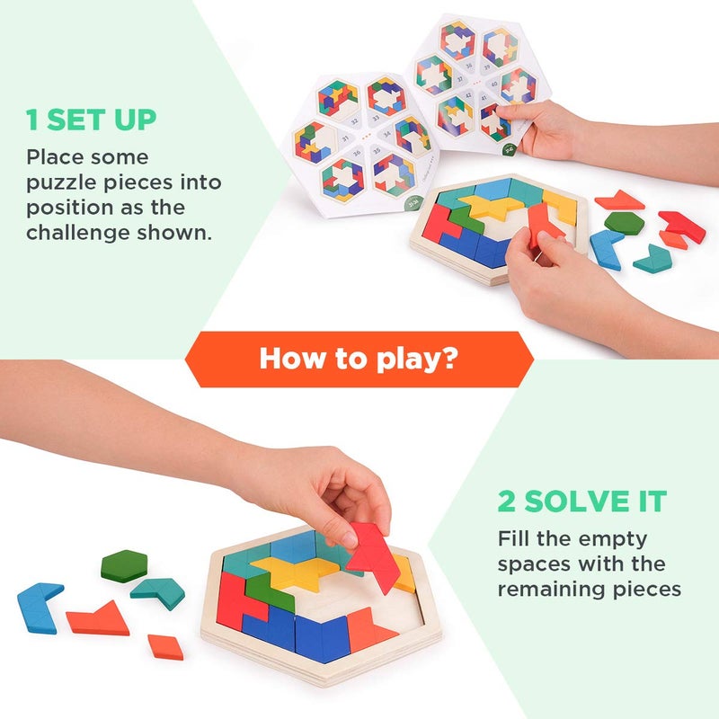 Vanmor Wooden Hexagon Tangram Puzzle for Kids Adults, Geometric Shape Pattern Blocks, 3D Logic IQ Game, 60 Brain Teaser Challenges, STEM Montessori Educational Toy, Travel Games for Road Trip - Image 2