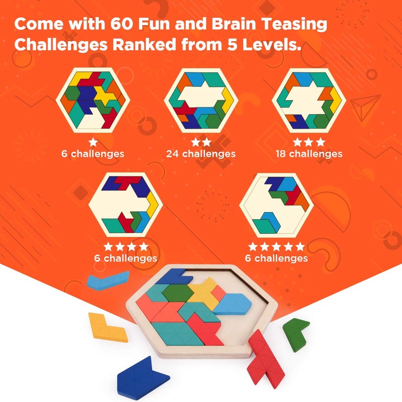 Vanmor Wooden Hexagon Tangram Puzzle for Kids Adults, Geometric Shape Pattern Blocks, 3D Logic IQ Game, 60 Brain Teaser Challenges, STEM Montessori Educational Toy, Travel Games for Road Trip - Image 3