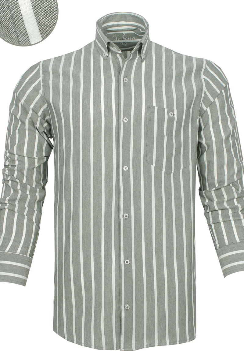 Varetta Men's Asparagus Color Striped Board Pattern Long Sleeve Button Down Collar Classic Cut Shirt