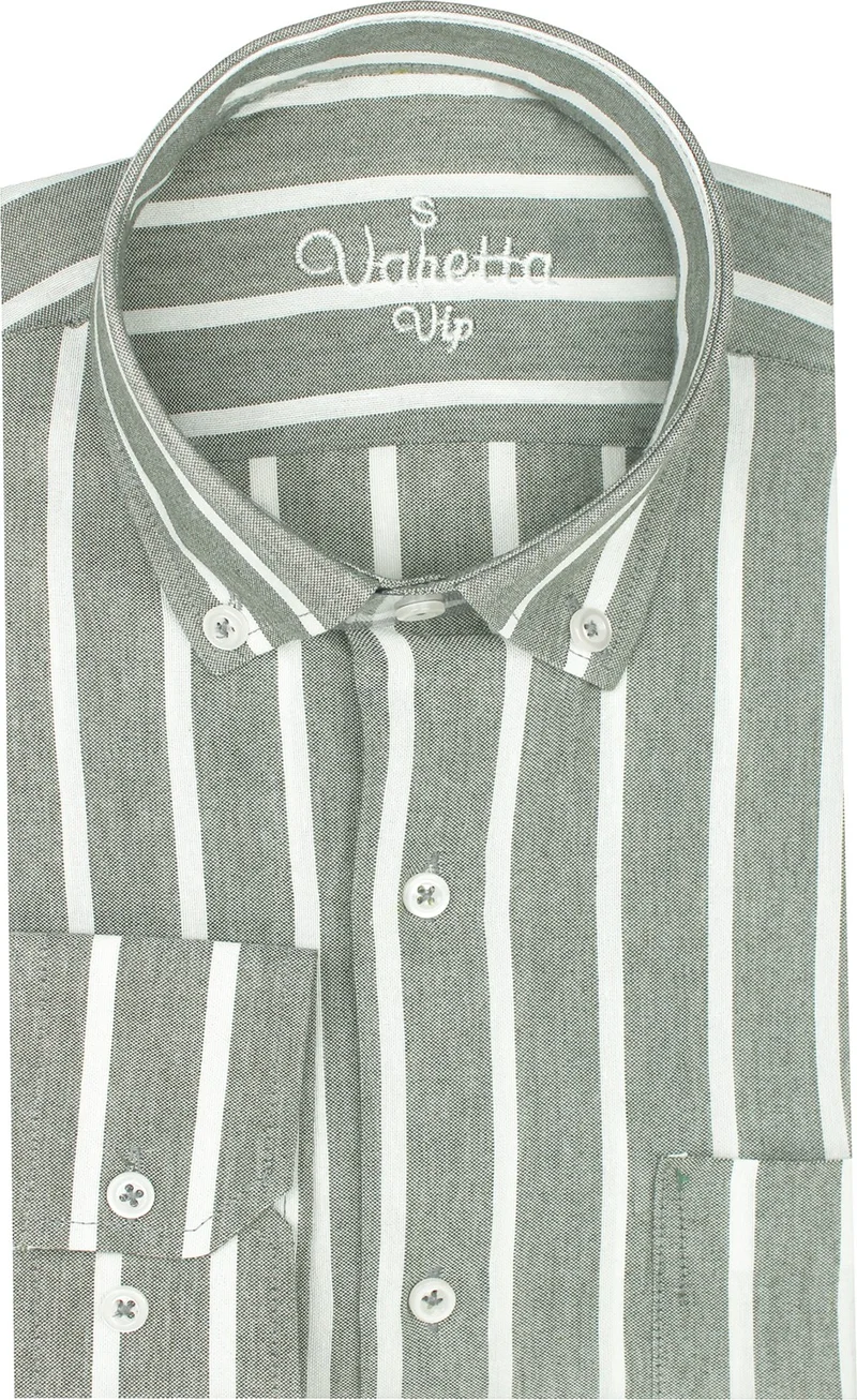 Varetta Men's Asparagus Color Striped Board Pattern Long Sleeve Button Down Collar Classic Cut Shirt