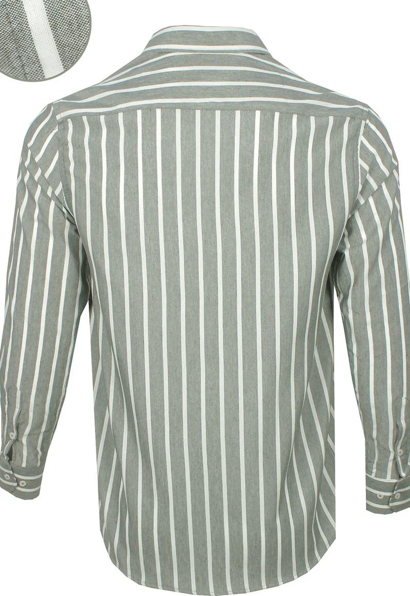 Varetta Men's Asparagus Color Striped Board Pattern Long Sleeve Button Down Collar Classic Cut Shirt