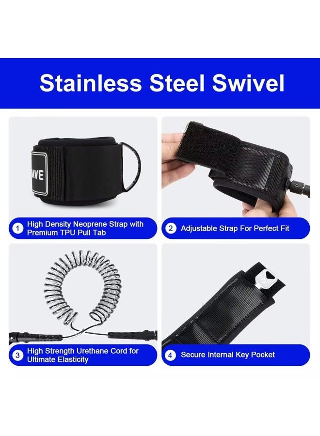 WOOWAVE حبل قارب SUP Premium لوح التجديف لوح السباحة حبل ملفوف 8/10 أقدام ابق على اللوح مع محفظة/حافظة هاتف مقاومة للماء (أسود شفاف، 8 أقدام و 7 مم) - Image 4