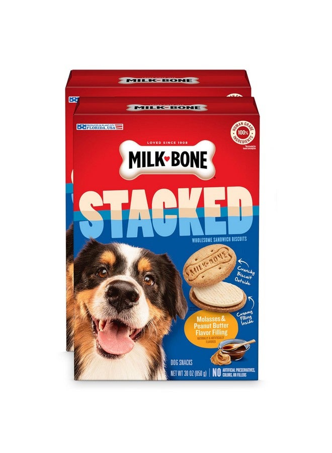 ميلك-بون مكافآت الكلاب المكدسة بعظام الحليب، 30 أونصة (عبوة من قطعتين)، بسكويت مقرمش مع دبس السكر وحشوة كريمة من زبدة الفول السوداني - Image 1