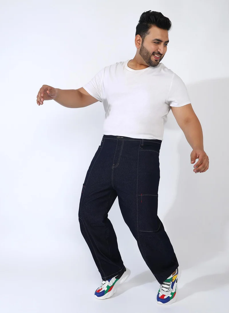 Instafab Plus  Men's Navy Blue Barrel Cargo Denim Jeans For Casual Wear | Dark-Wash | Mid-Rise | Button Closure | Plus-Size Denim Jeans Crafted With Comfort Fit For Everyday Wear for Men | Best Price UAE