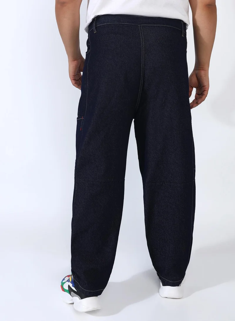 Instafab Plus  Men's Navy Blue Barrel Cargo Denim Jeans For Casual Wear | Dark-Wash | Mid-Rise | Button Closure | Plus-Size Denim Jeans Crafted With Comfort Fit For Everyday Wear for Men | Best Price UAE