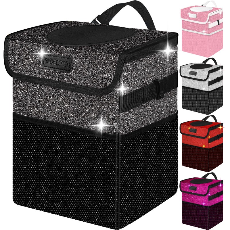 BAOGCOYO Cute Mini Car Trash Bag with Lid Glitter Garbage Can Bin Hanging for BackFront SeatConsole Waterproof Leakproof 25 Gallon Black Bling Sparkly