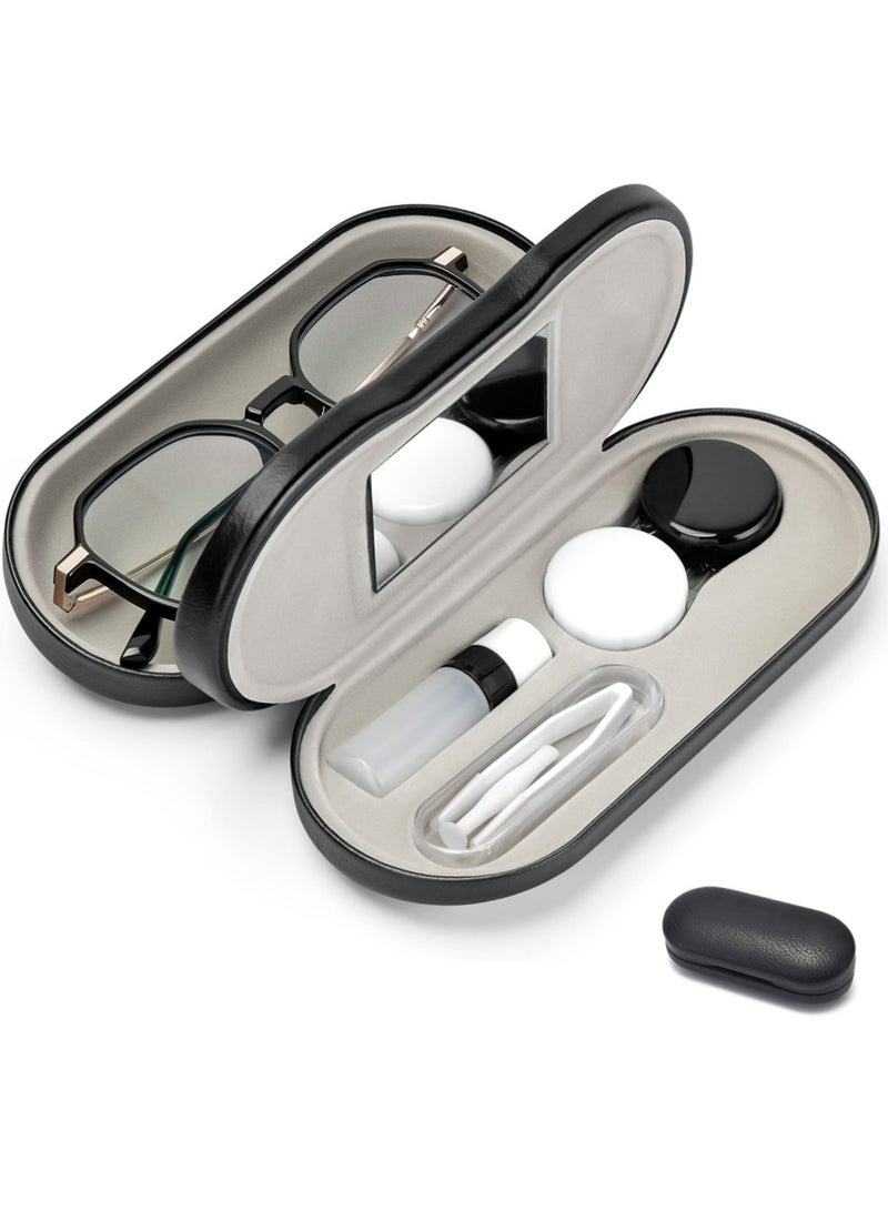 يوجي 2 في 1 حالة النظارات ، عدسة الاتصال والنظارات حالة النظارات المحمولة مزدوجة الجانبين مع إزالة المرآة المضغوطة المدمجة وحل عدسة الاتصال مجموعة تخزين زجاجات للسفر في الهواء الطلق يوميا لنا (أسود) - Image 1