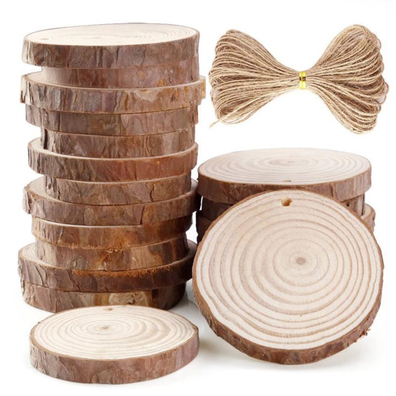 20pcs Wood Slices BetterJonny 3135 inch Undrilled Wooden Circles Predrilled with Hole Natural Wood Ornaments with 10 Meters Jute Rope for Arts DIY Craft